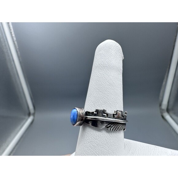 Native Navajo Sterling Silver Denim Lapis Feather Ring Size 8.25 H Mace - Picture 2 of 5